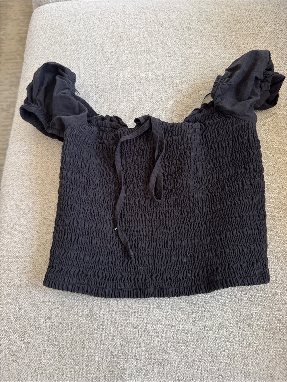 Garage Black Smocked Puff-Sleeve Crop Top